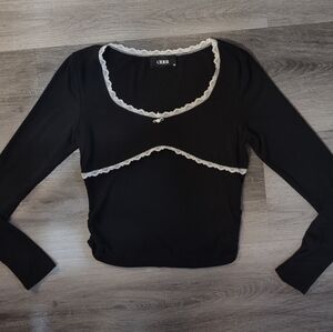 Cider Black Long Sleeve Top with White Lace Trim